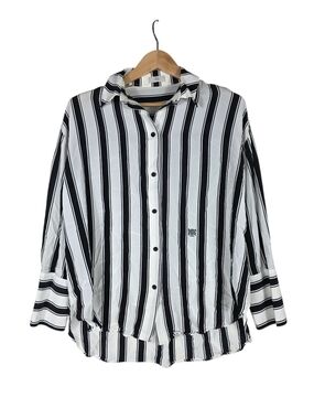 RIANI Black and White Vertical Stripe Button-Down Shirt